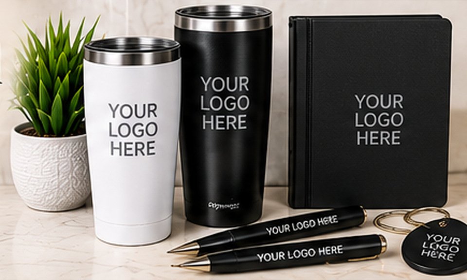 Tumblers, pens, tote bag and keychain