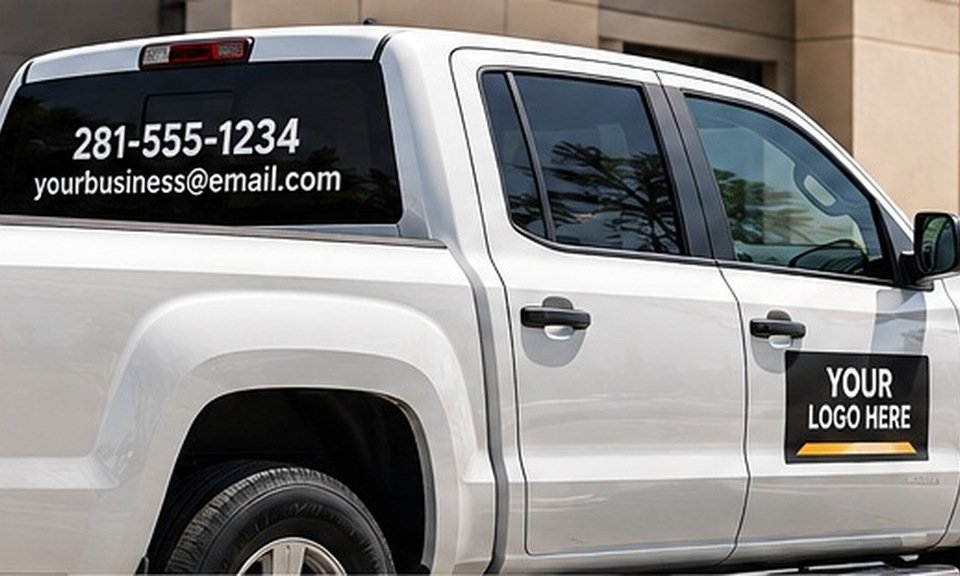 Commercial pickup truck with a removable magnetic door sign and vinyl contact information on rear window